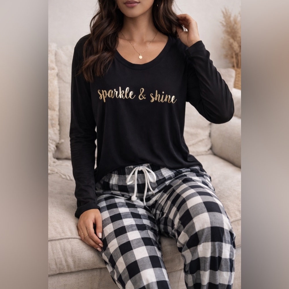 Soma by Chicos Women’s Black Cotton Knit Sparkle & Shine Pajama Top Sz Large